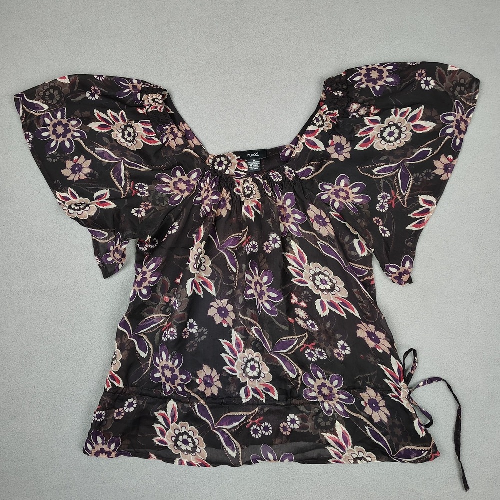 Y2K Rue 21 Sheer Floral Top Women Medium Black Flutter Sleeve Cold Shoulder Boho